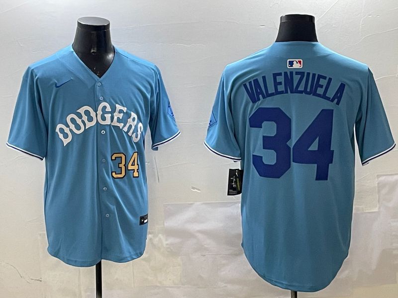 Men Los Angeles Dodgers #34 Valenzuela Light Blue Joint Name 2025 Nike MLB Jersey style 31621